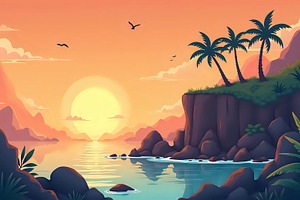 Island Cliff With Ocean Sunset Panor, a Photo by LOGOCREATIVE