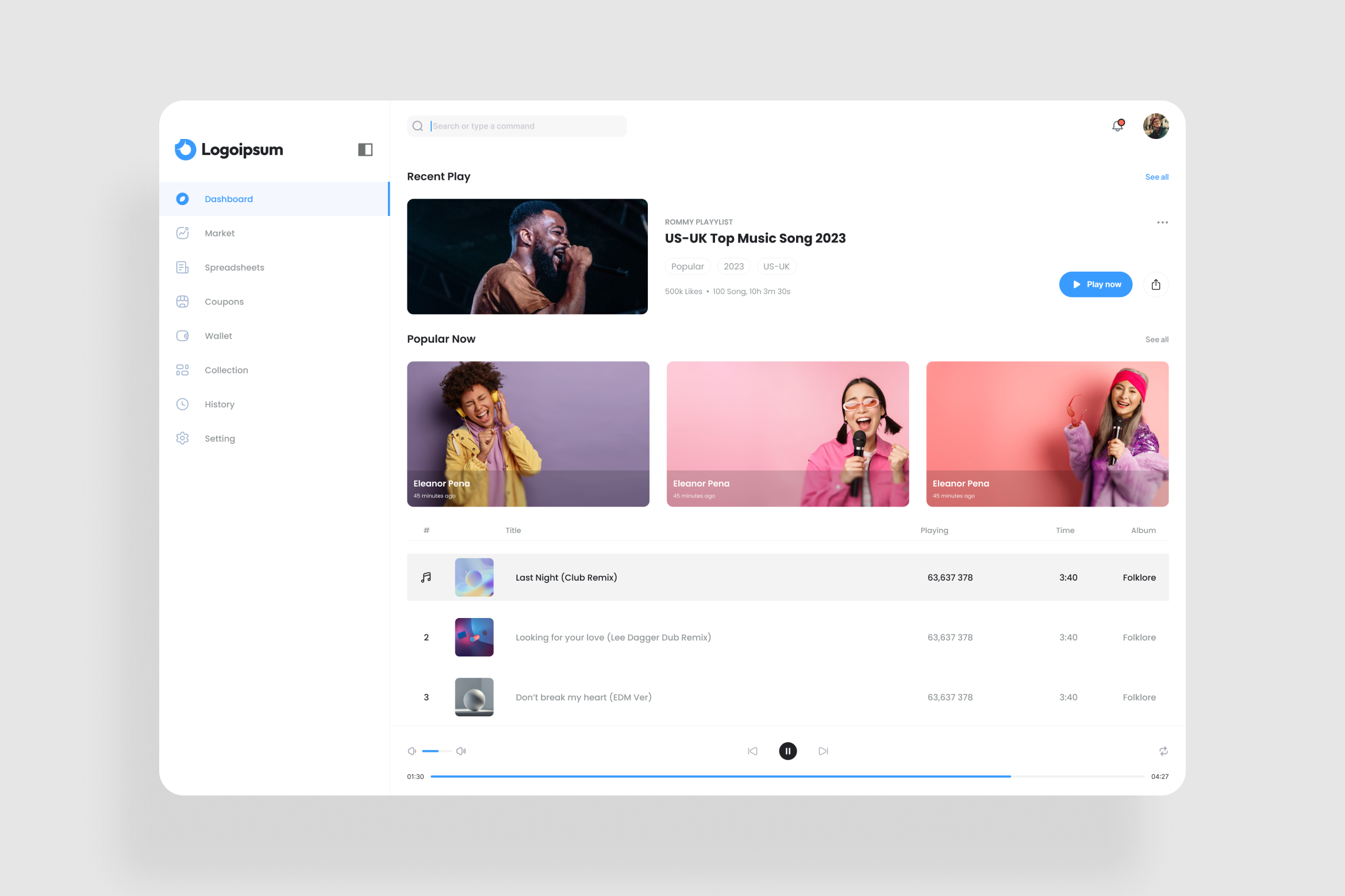 Music Play Dashboard UI Kit, an UI Kit Template by iDoodle Studio