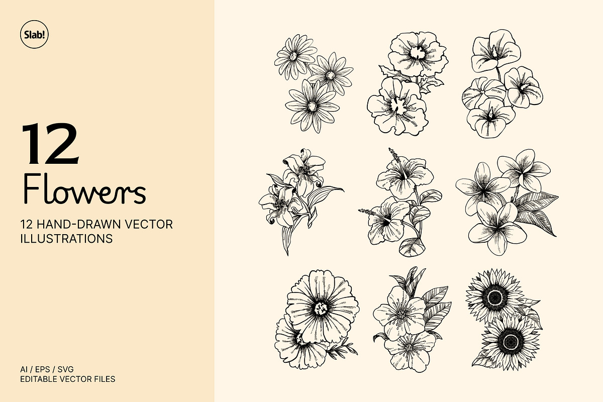 12 Hand Drawn Flowers Illustration, an Object Illustration by SLAB! Design (Photo 1 of 3)