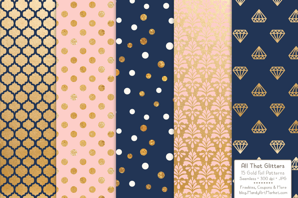 Navy & Blush Gold Foil Digital Paper, a Pattern Graphic by Amanda Ilkov (Photo 3 of 4)