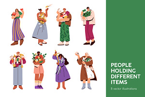 People holding different items set, a Person Illustration by Good Studio