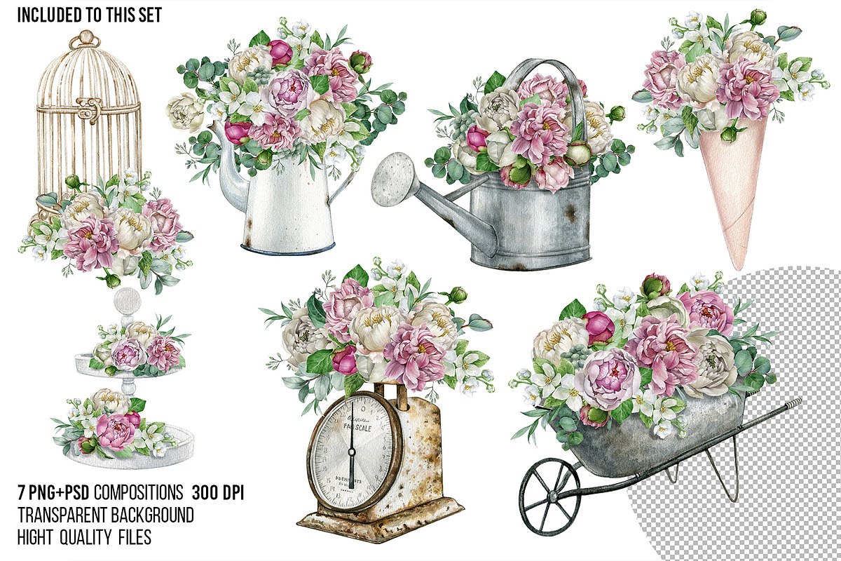 Rustic white peony bouquet clipart, an Object Illustration by yana.fefelova (Photo 2 of 5)