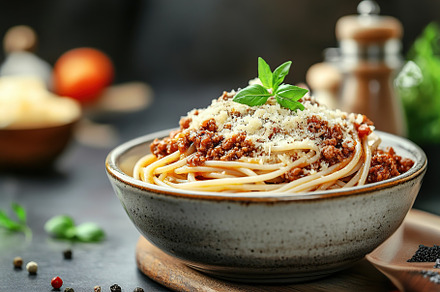 Spaghetti bolognese with ground beef in plate, a Food & Drink Photo by AlyaAnd