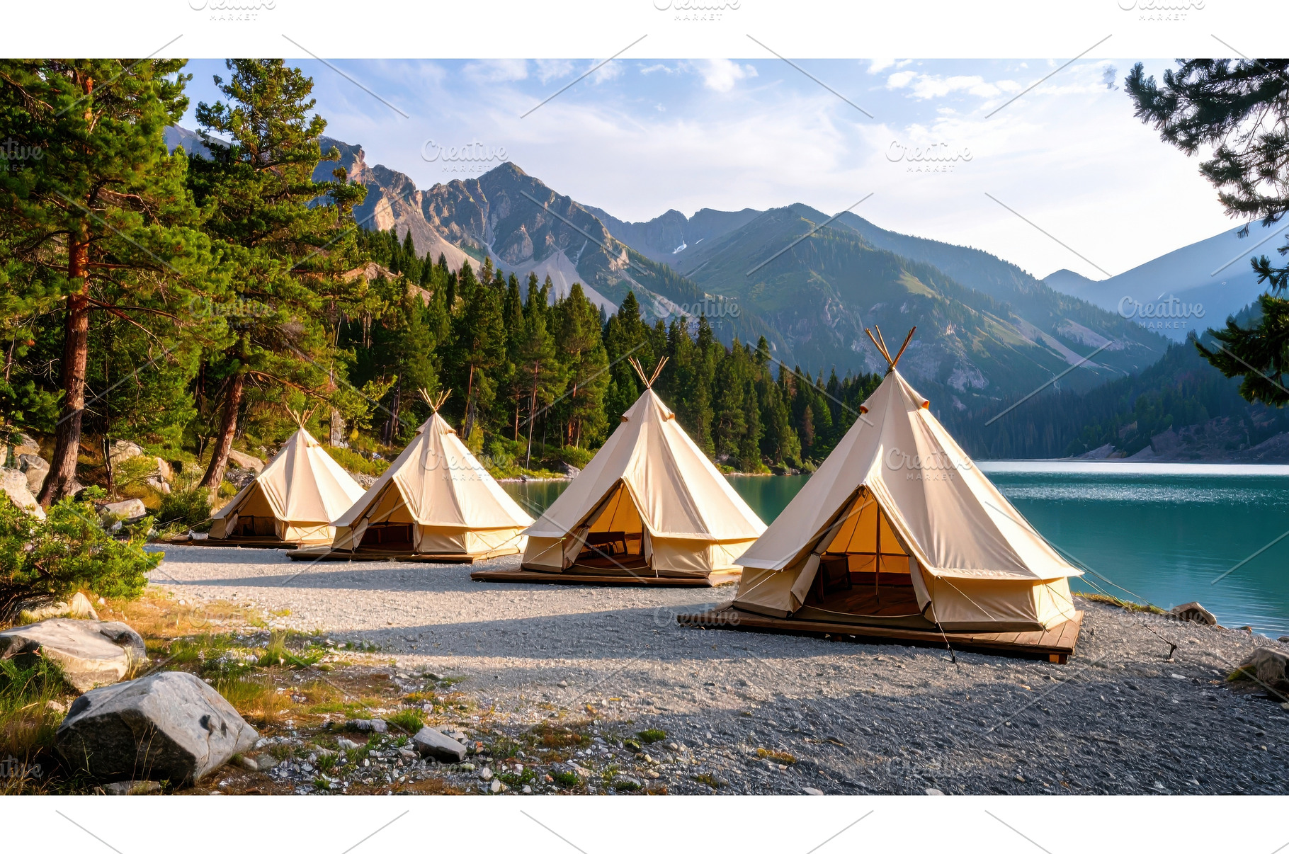 Luxury glamping site beside a serene, a Nature Photo by Igor Tichonow