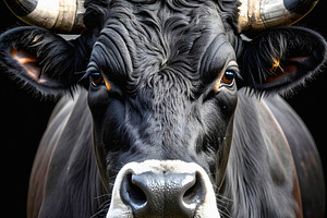 Strong black bull with powerful horns staring forward, an Animal Photo by GoodGoods