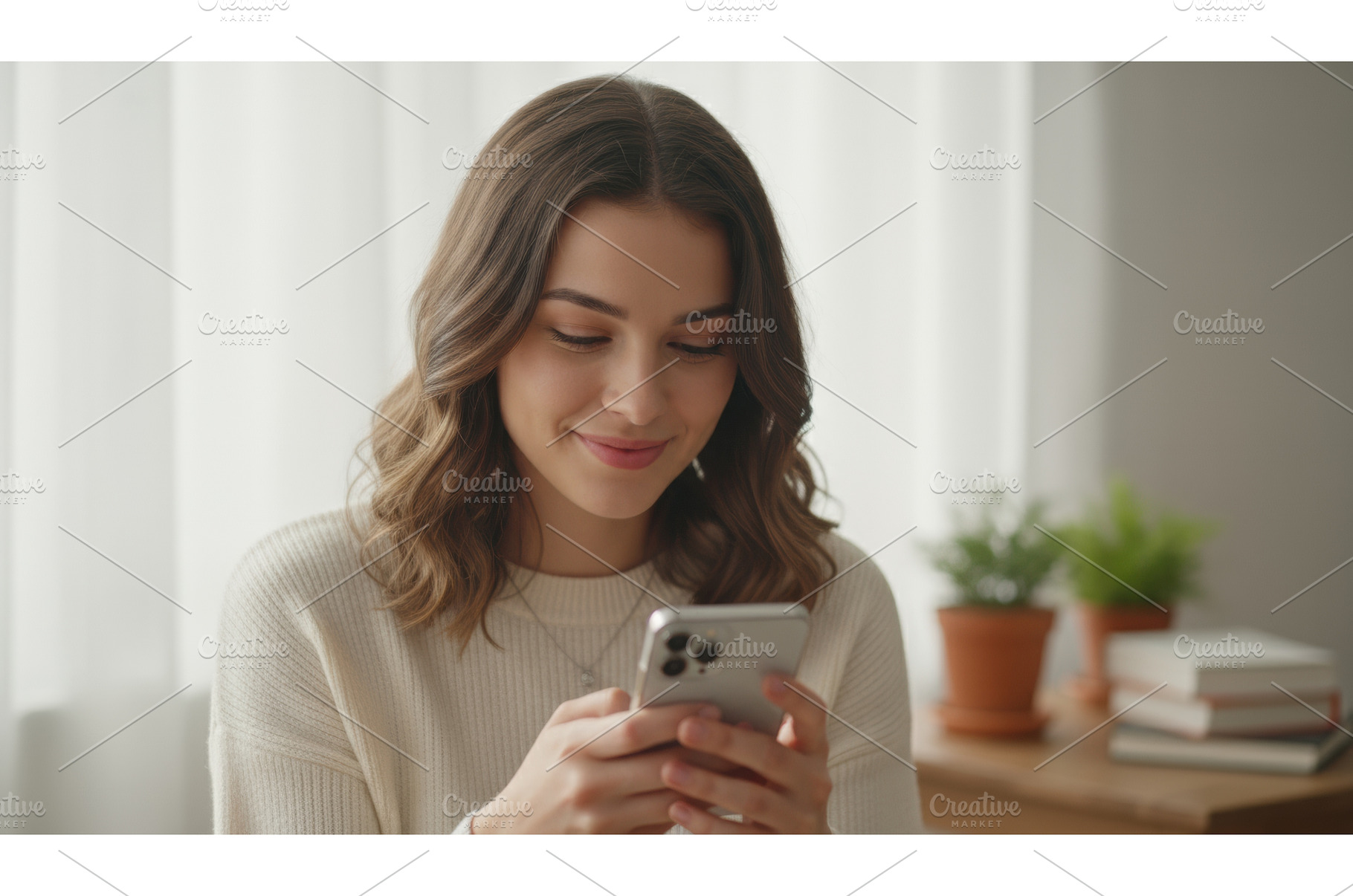 Young woman smiling while texting on, a Person Photo by Igor Tichonow