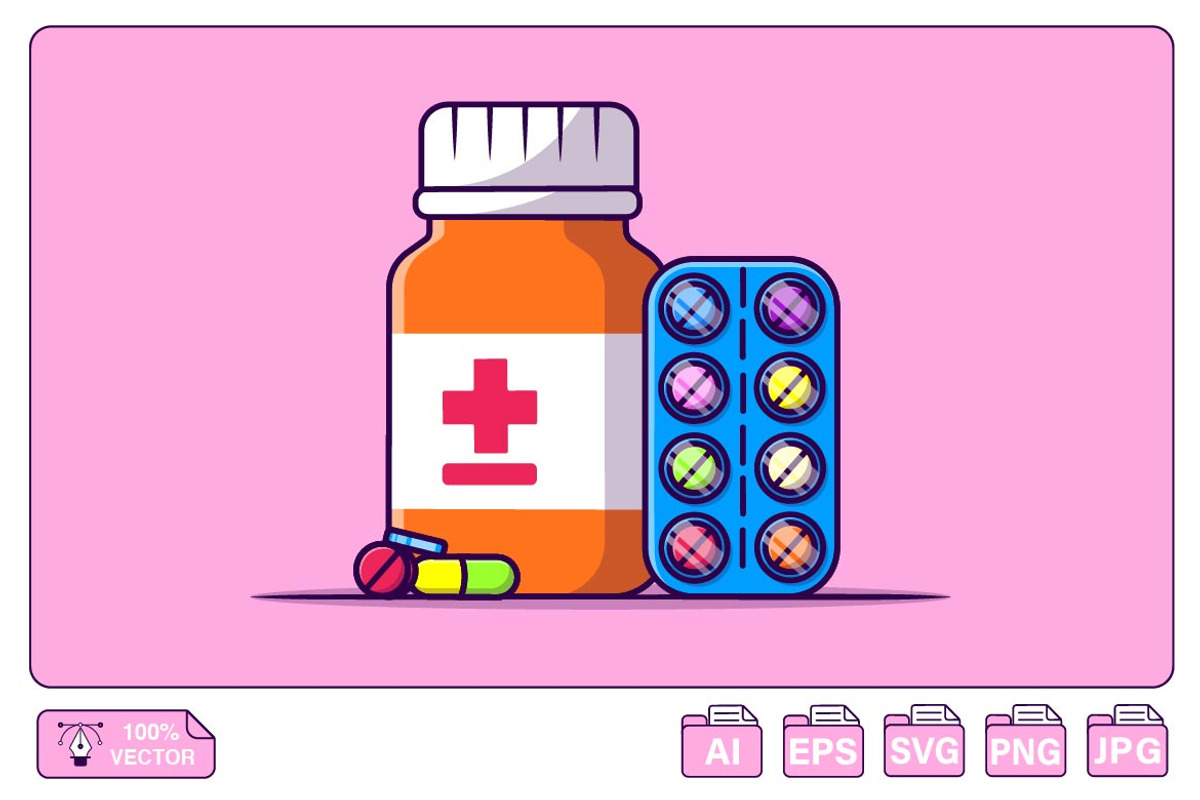Medicine Jar And Pills Strip Cartoon, an Object Graphic by Artstorystudio (Photo 1 of 3)