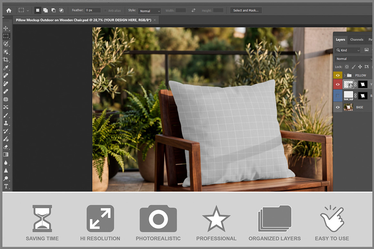 Pillow Mockup Outdoor On Wooden PSD, a Household Mockup by Bruno's Shop (Photo 2 of 3)