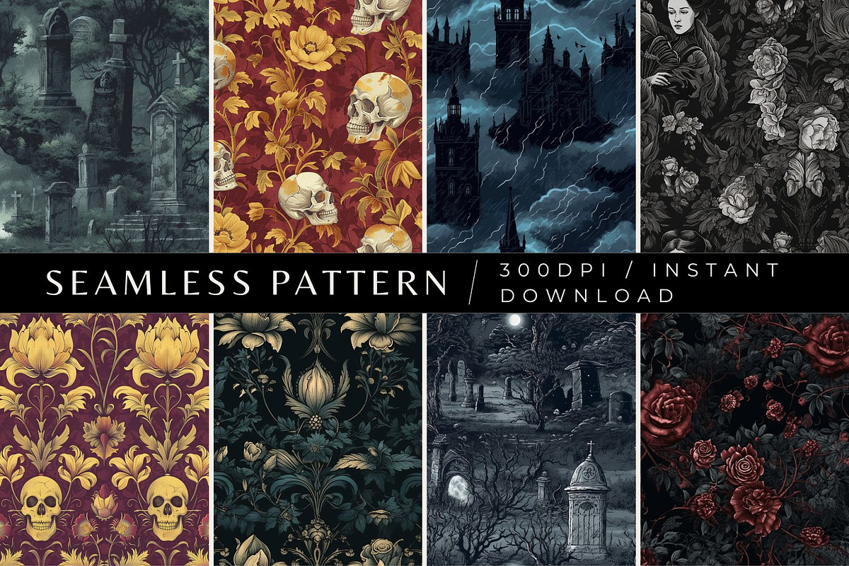 8 Gothic Noir Seamless Patterns, a Pattern Graphic by Inknfolly (Photo 1 of 6)