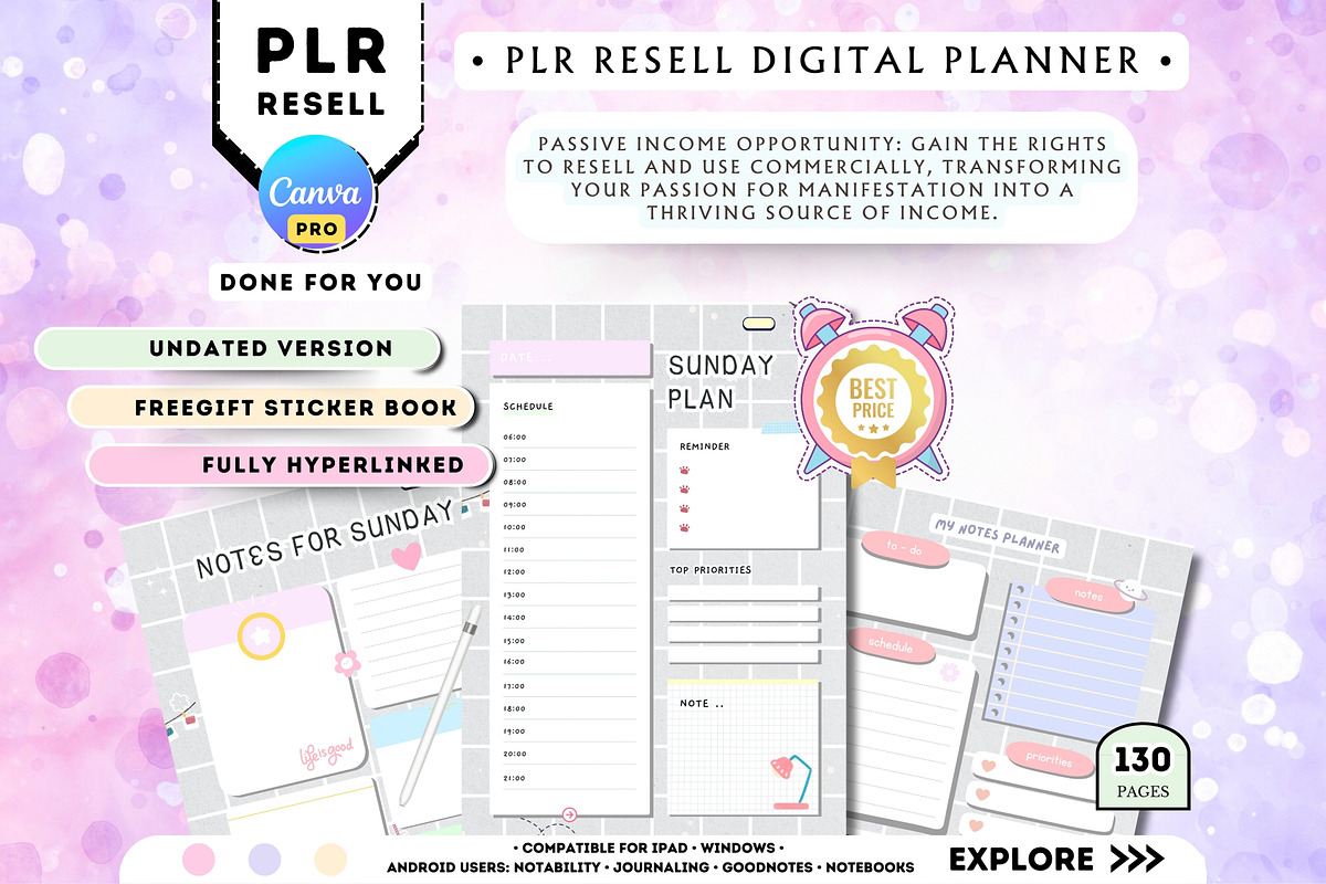PLR Undated Digital Planner, a Stationery Template by Tas Creative Studio