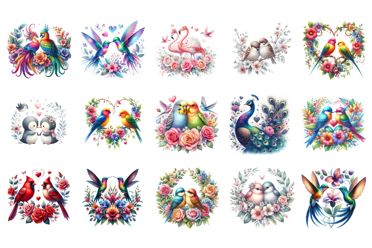 Romantic Bird Couples Clipart, an Illustration by SinaCreation (Photo 2 of 11)