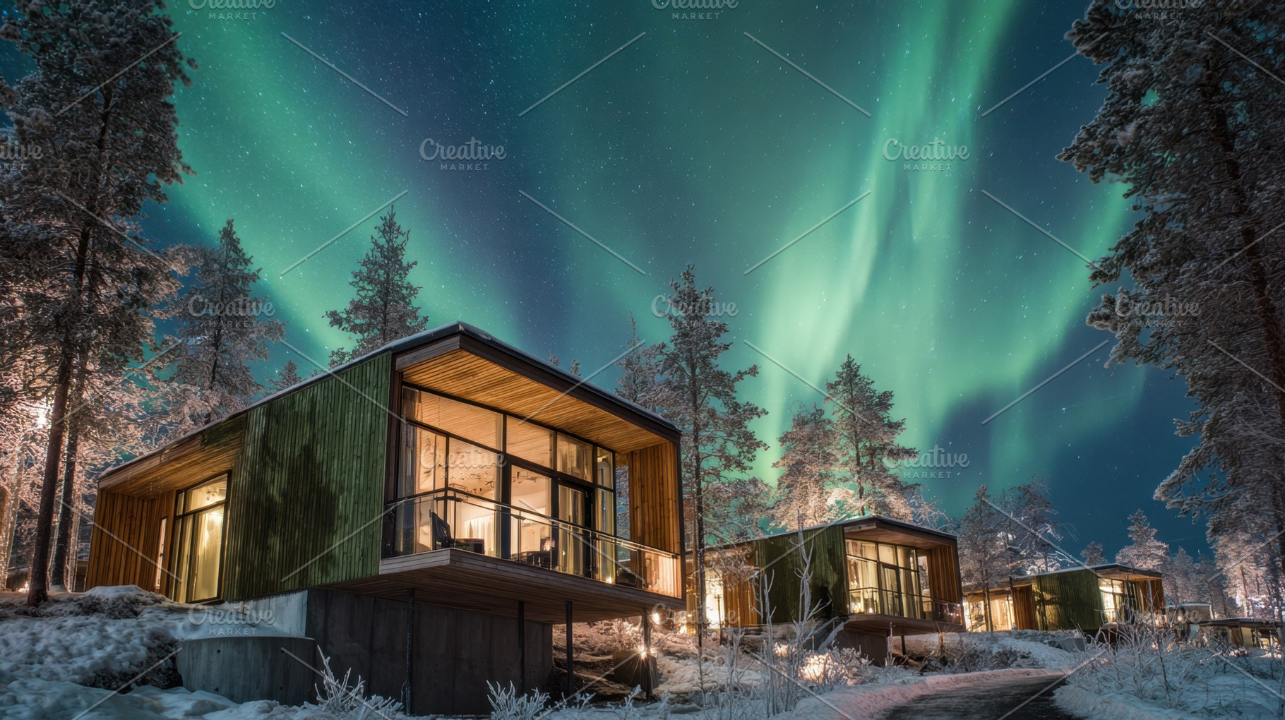 Northern lights above glass cabins, a Photo by Beautiful things