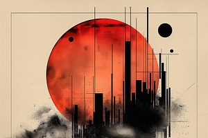 A striking abstract artwork depicting a large red sun amidst geo, a Decorative Illustration by ImageMir