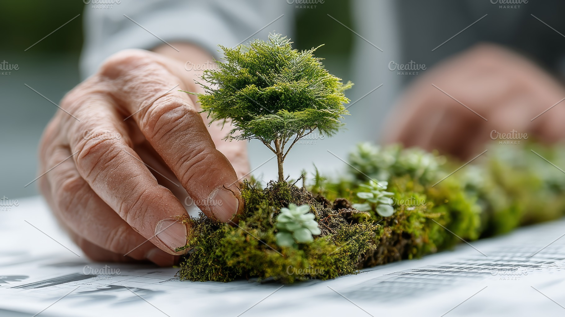 Sustainable business concept with hands planting a miniature tree on moss to il, a Photo by AS photostudio