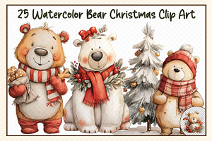 Watercolor Bear Christmas Clipart, an Illustration by cherrydesign