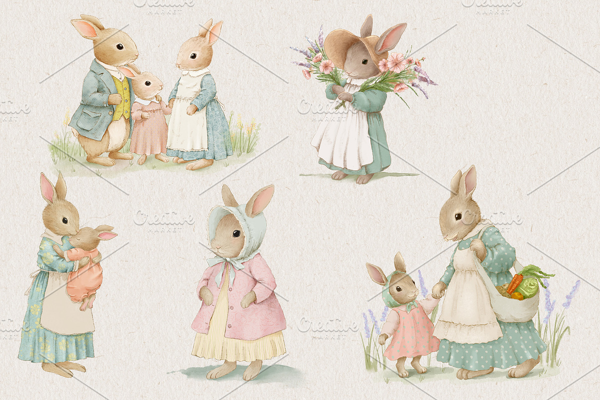 Vintage Watercolor Bunny Clipart Set, an Illustration by AlenaVlasko stock Market (Photo 3 of 5)