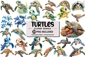 Watercolor Turtle Clipart Bundle, an Illustration by Pixels.Craft