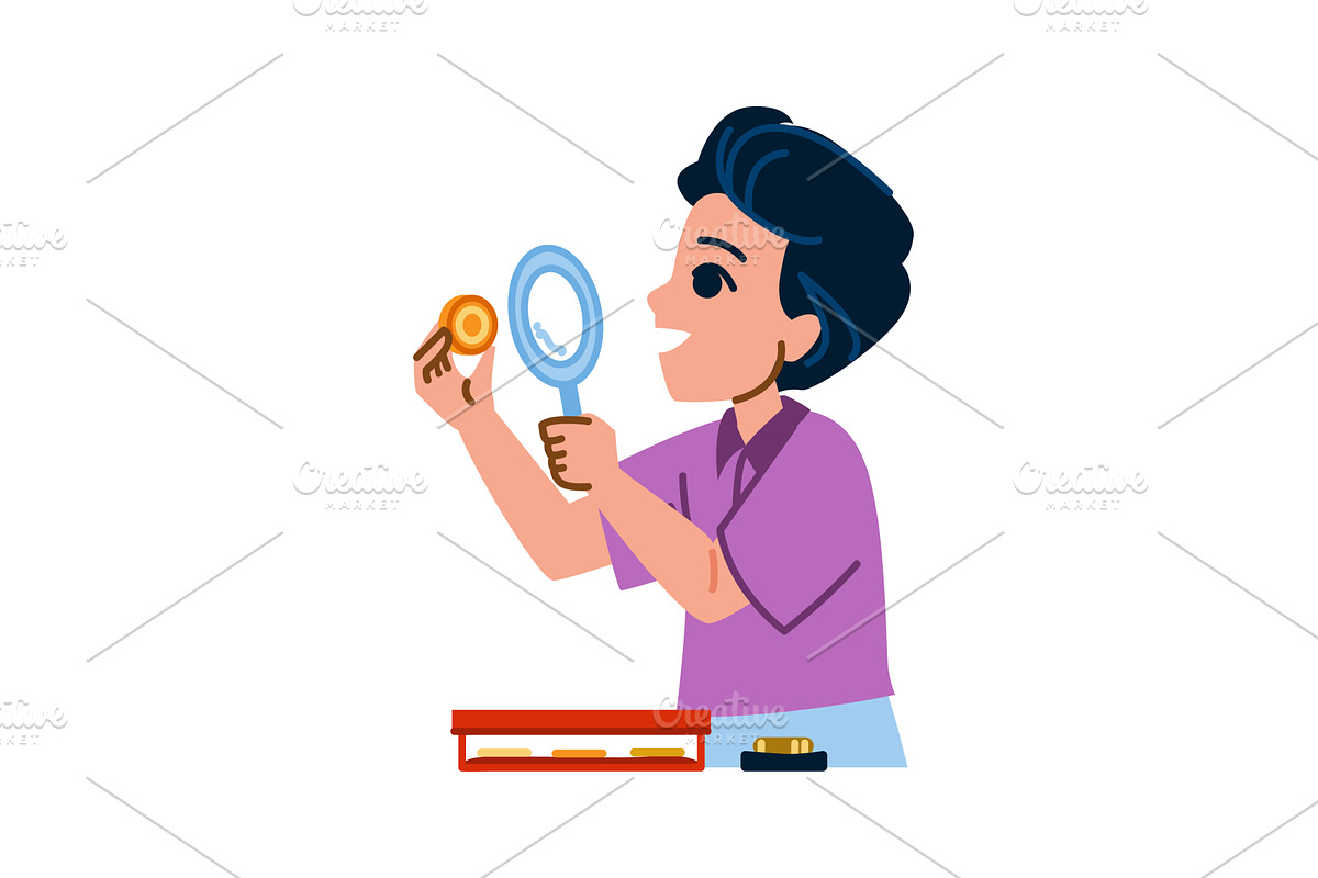 Boy examining coin with magnifying, an Education Illustration by pikepicture