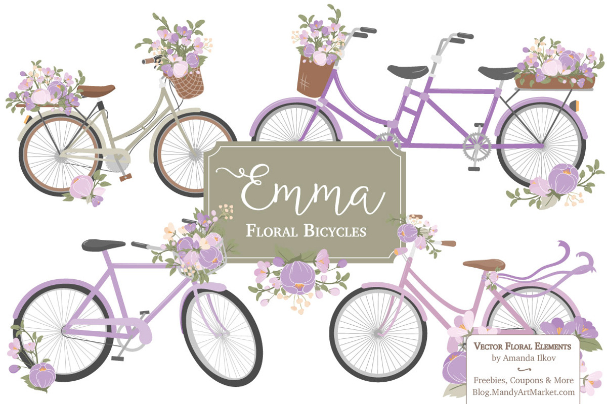 Lavender Floral Bicycles Clipart, an Illustration by Amanda Ilkov (Photo 1 of 5)