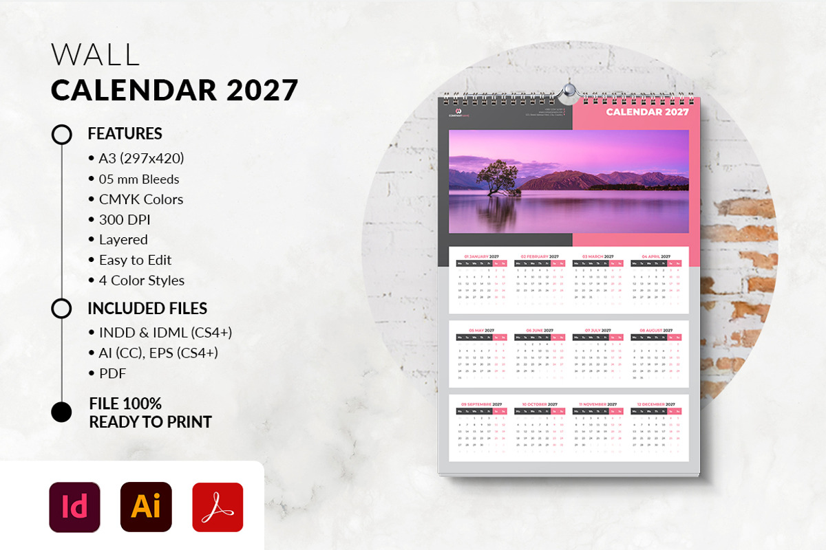 Minimalist Wall Calendar 2027 - A3, a Stationery Template by MstArtwork (Photo 2 of 5)