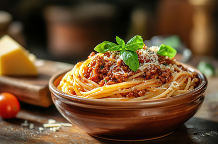 Spaghetti bolognese with ground beef in plate, a Food & Drink Photo by AlyaAnd