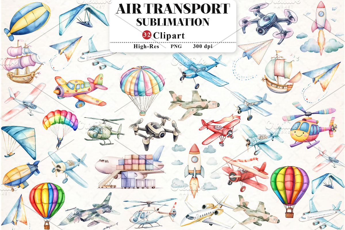 Air Transport Watercolor Clipart, an Illustration by Watercolor design (Photo 1 of 10)