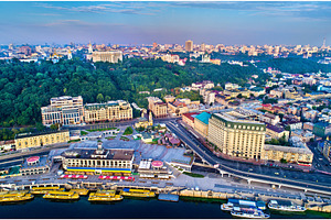 Aerial view of river port podil and postal square in kiev ukraine containing, an Architecture Photo by Leonid Andronov