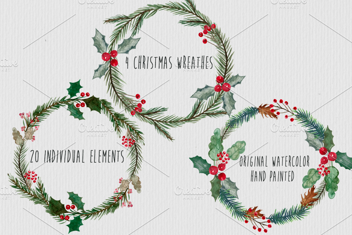 Watercolor Christmas Wreathes, a Decorative Illustration by MaraquelaStudio (Photo 2 of 4)
