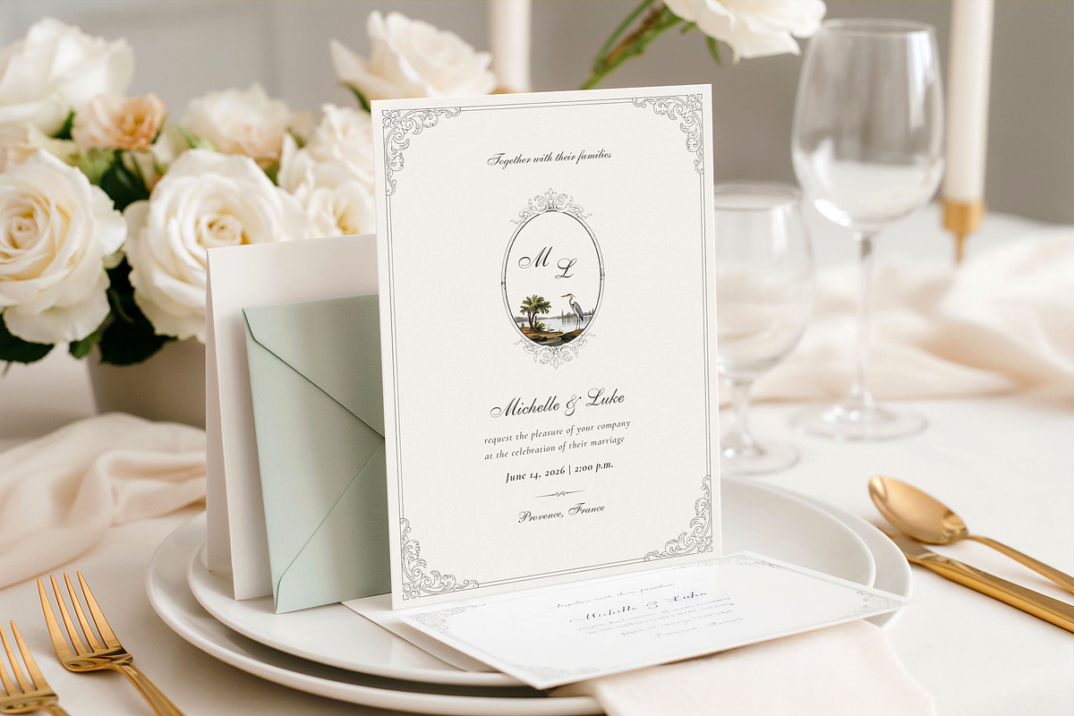 French Heron Monogram Wedding Invite, an Invitation Template by by creative paper (Photo 4 of 4)