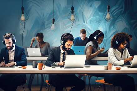 Business people wearing headset work, a Photo by Iftikhar Alam