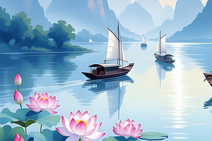 Blue Asian Waterways Guilin China Mo, a Decorative Illustration by Sharon Schwalbe