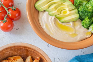 High Protein Hummus Bowl With Chicken Breast And Fresh Vegetable, a Food & Drink Photo by Alexander Prokopenko