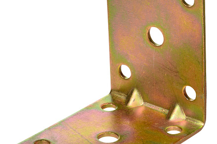A shiny, golden colored metal corner bracket or angle brace with