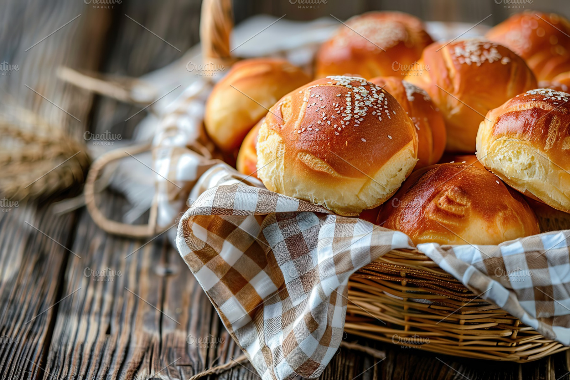Freshly different baked buns in basket on wooden table, a Food & Drink Photo by AlyaAnd