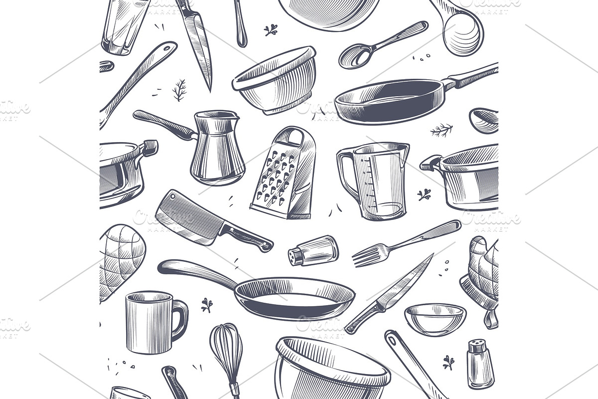 Cooking utensils seamless pattern, a Food Illustration by YummyBuum
