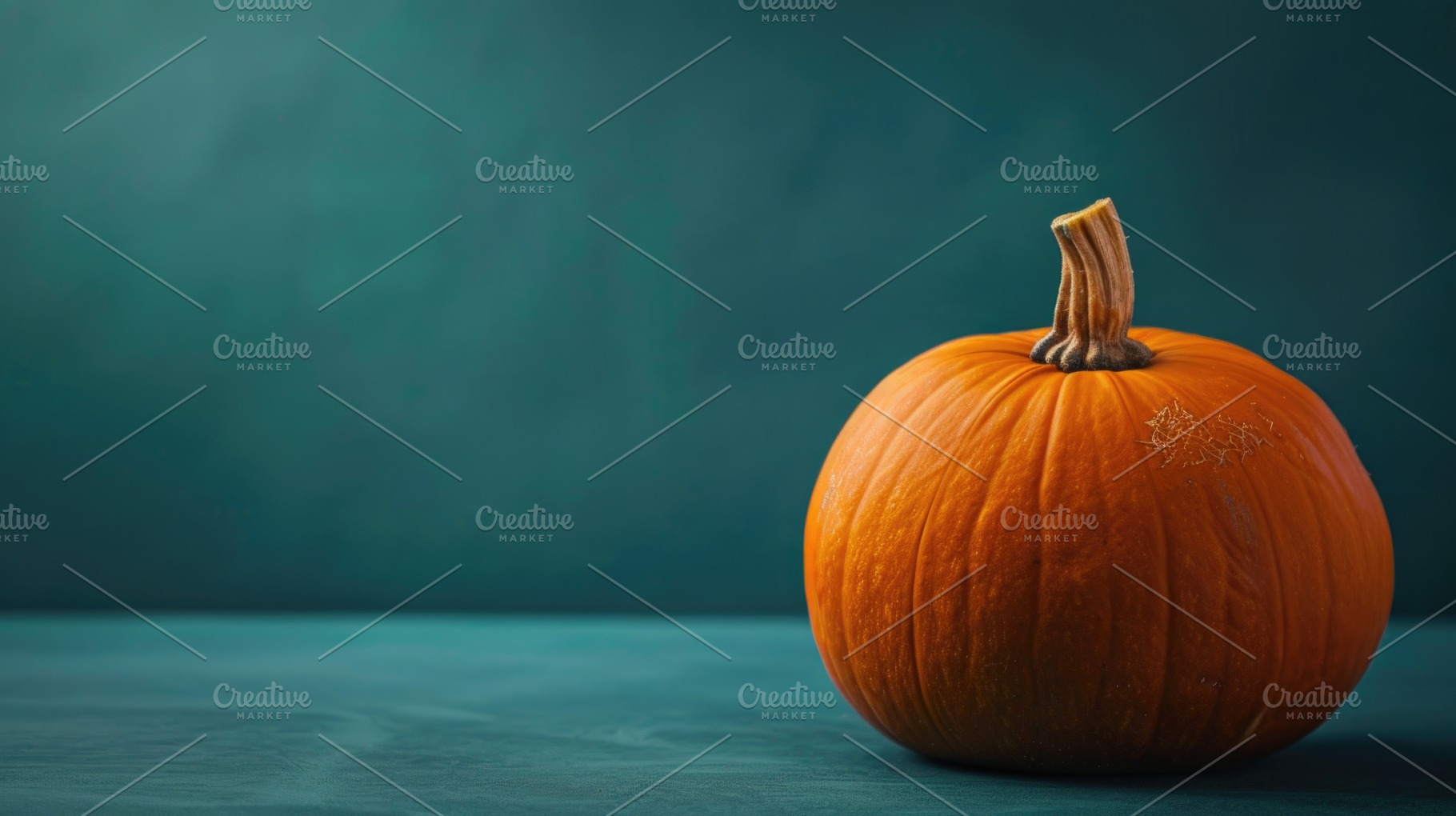 Orange pumpkin on dark teal Halloween copy space, a Food & Drink Photo by José Manuel Gelpi