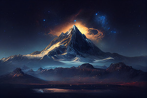 fantasy distant panoramic view of giant lonely moun, a Technology Illustration by Olyryk & Aglo