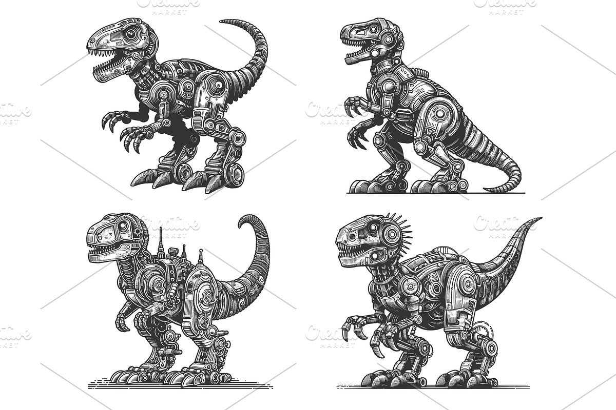 robotic dinosaur engraving set, an Animal Illustration by AlexArt