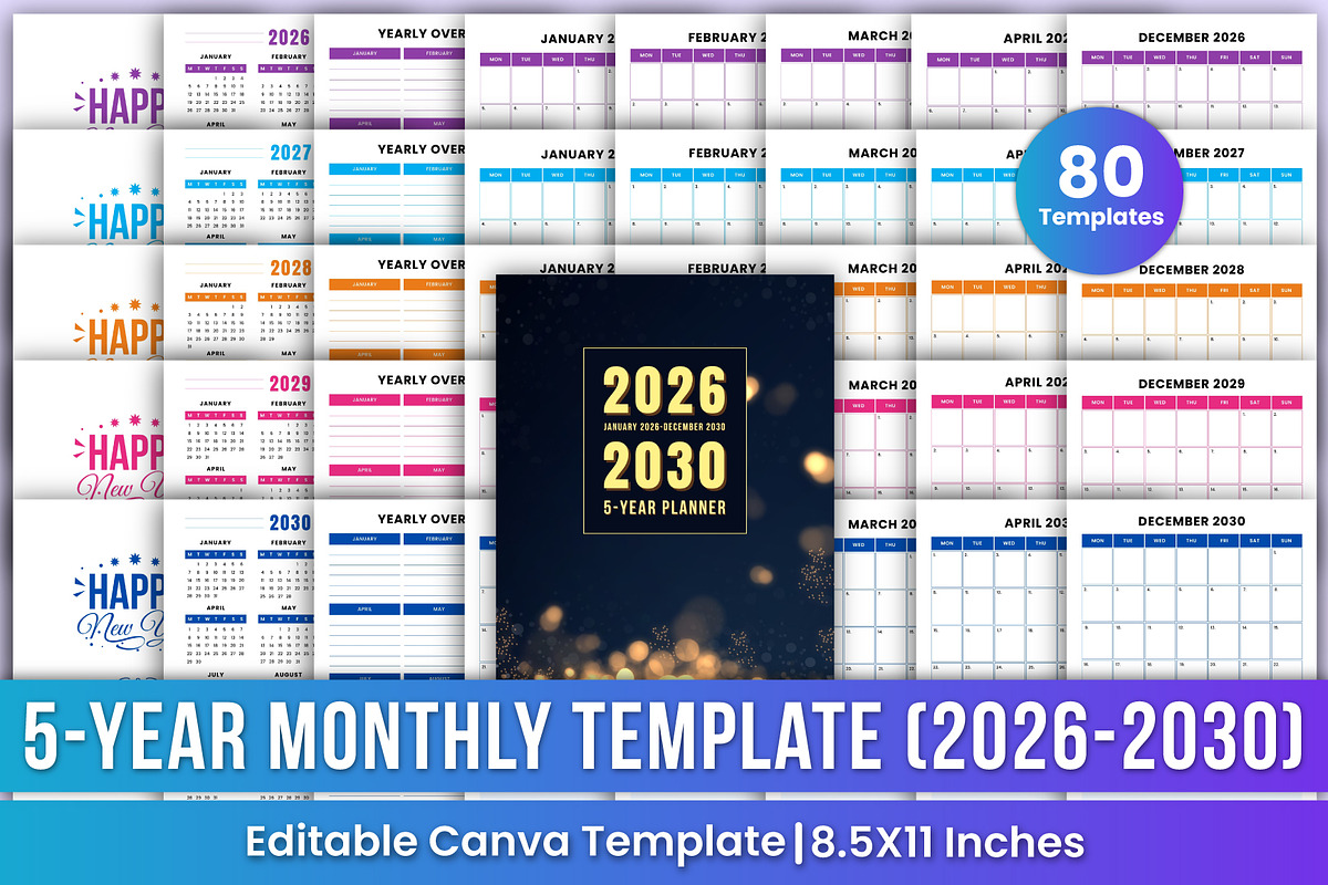 5-Year Monthly Planner (2026–2030), a Stationery Template by Mustafiz (Photo 1 of 8)
