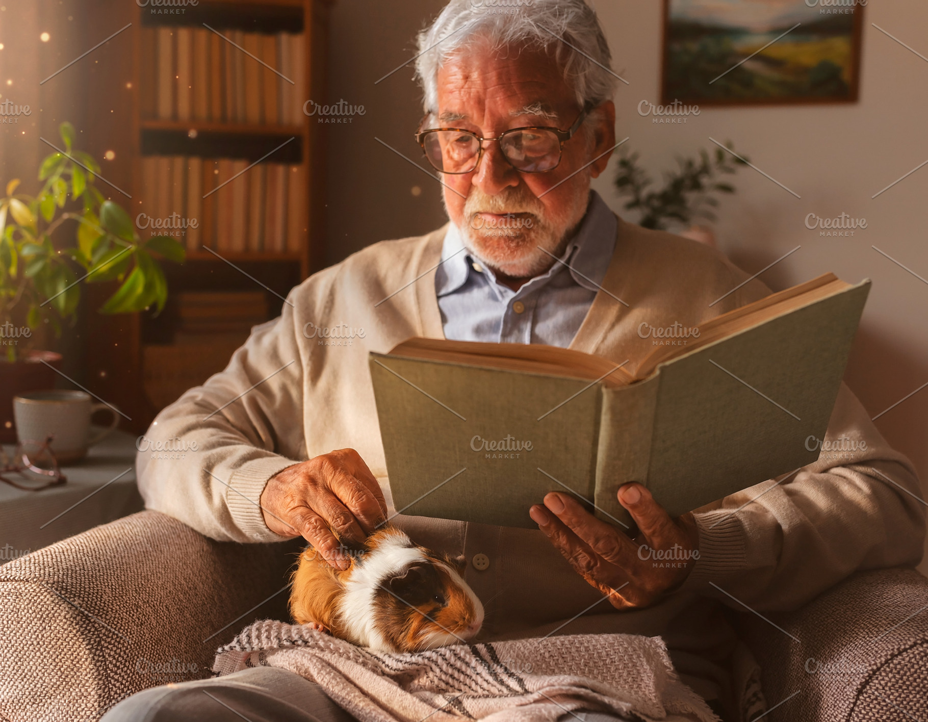 Elderly man reading indoors with guinea pig, a Person Photo by DanFLCreativo