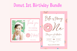Pink 1st Birthday Party Donut Bundle, an Invitation Template by SweetDesigncraft