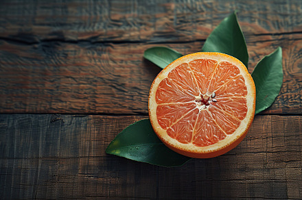 Fresh and tasty grapefruits and green leaves on wooden background, a Food & Drink Photo by AlyaAnd