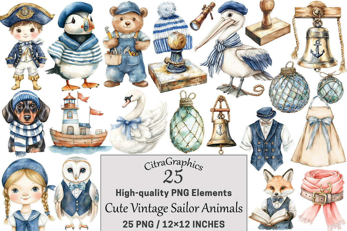 Cute Vintage Sailor Animals, a Seasonal Illustration by CitraGraphics (Photo 1 of 4)