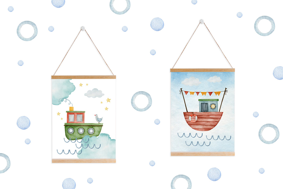 Watercolor Boat seamless patterns., a Decorative Illustration by Kira Konoshenko (Photo 9 of 16)