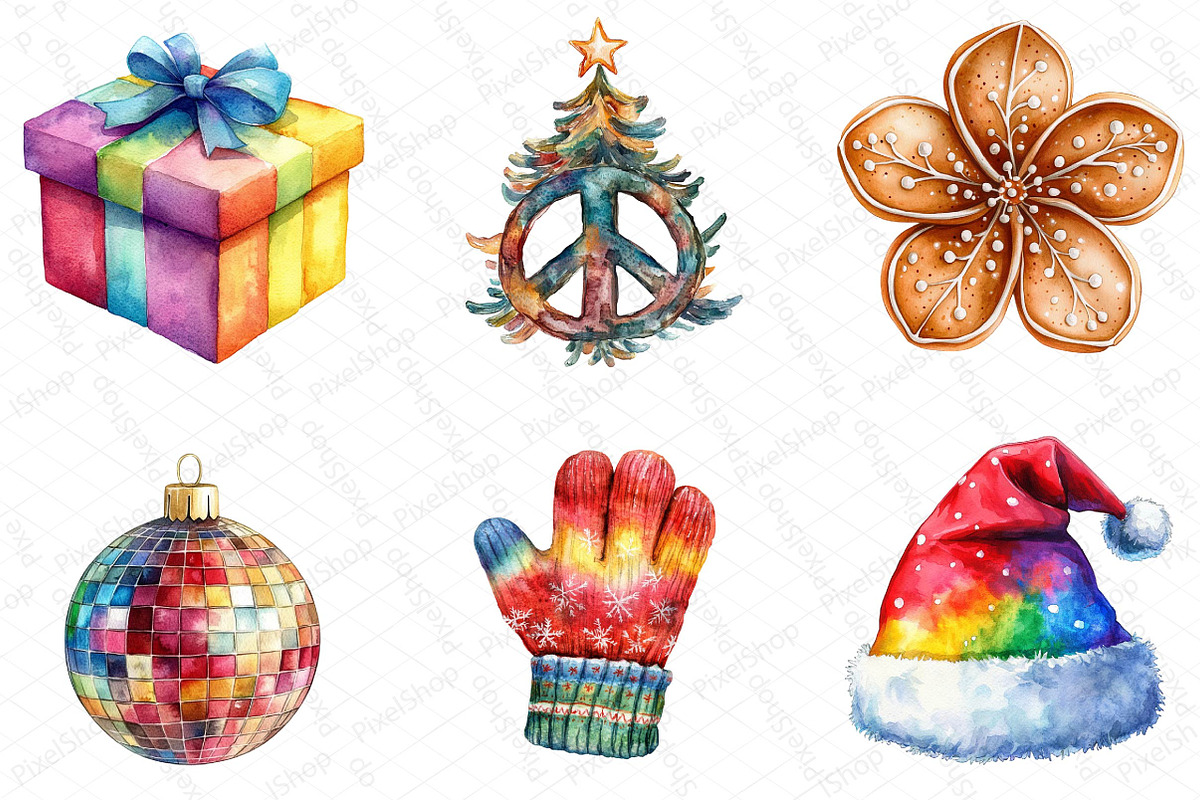 Watercolor Groovy Christmas Clipart, an Illustration by DreamPrint404 (Photo 2 of 6)
