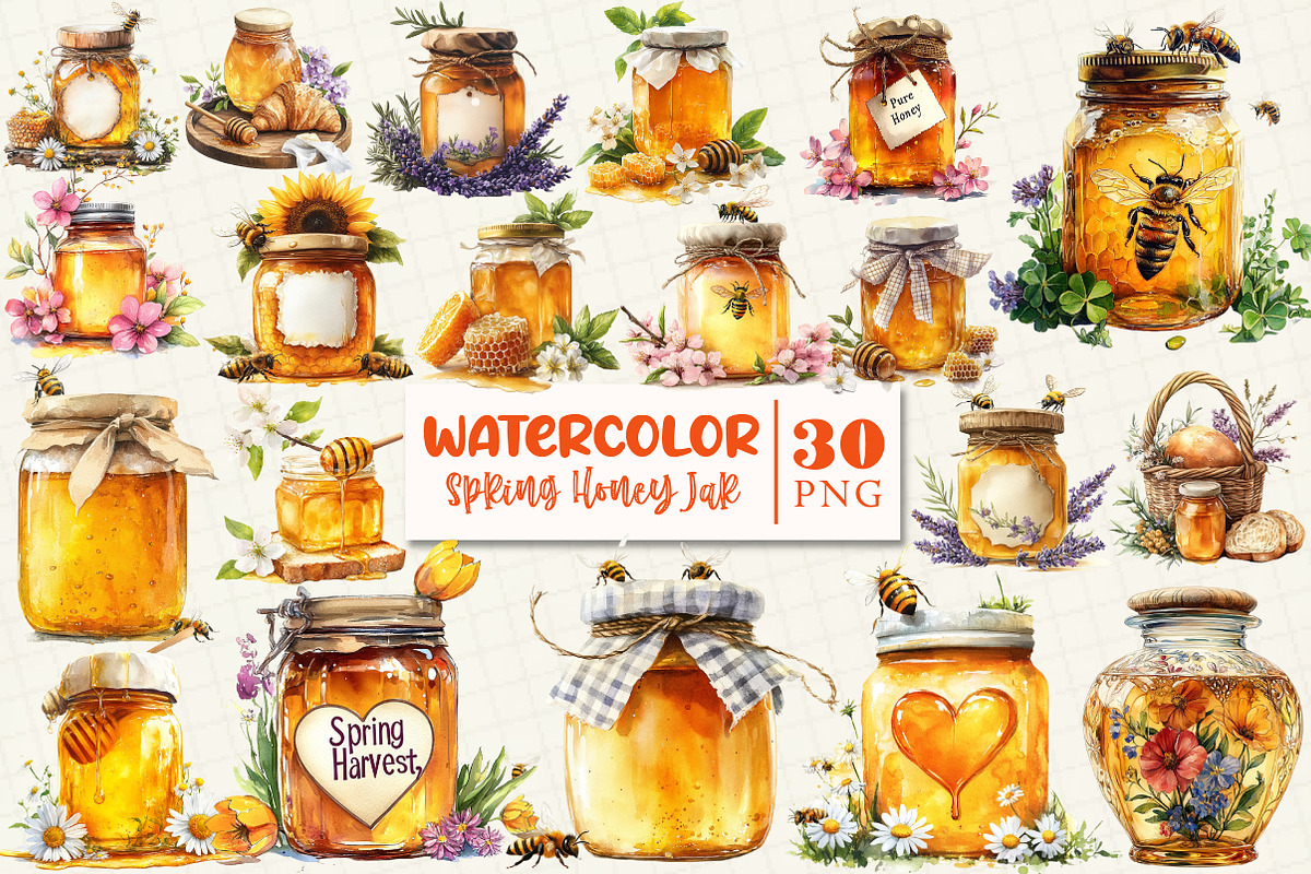 Spring Honey Jar Sublimation Clipart, a Work Illustration by OK Design (Photo 1 of 4)