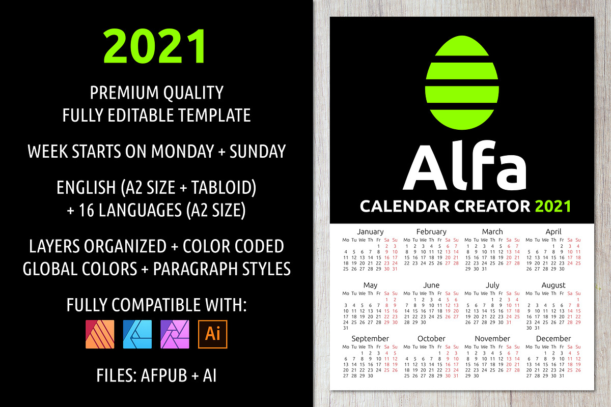 Alfa Calendar Creator 2021, a Stationery Template by inimalGraphic (Photo 1 of 7)