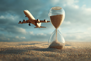 Conceptual image of an airplane taking off behind an hourglass o, a Transportation Photo by Ales Munt