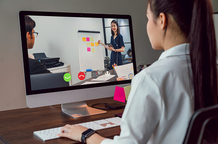 Businesswoman making video call meet containing online, business, and