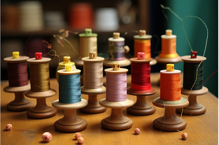 Pincushion spools thread on wooden, an Arts & Entertainment Photo by Ylivdesign